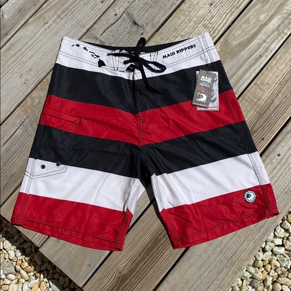 🏝SALE🏝MAUI RIPPERS RedBlack Striped Board Shorts